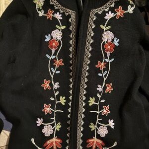 dressbarn Black Floral Embroidered Cardigan